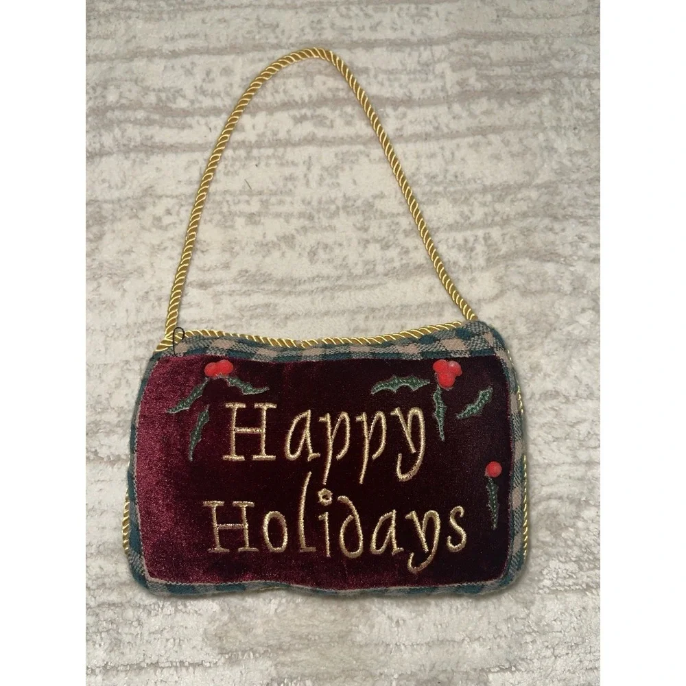 Mini Burgundy Velvet Happy Holidays Christmas Door Hanger Pillow Gold Cord Trim‎